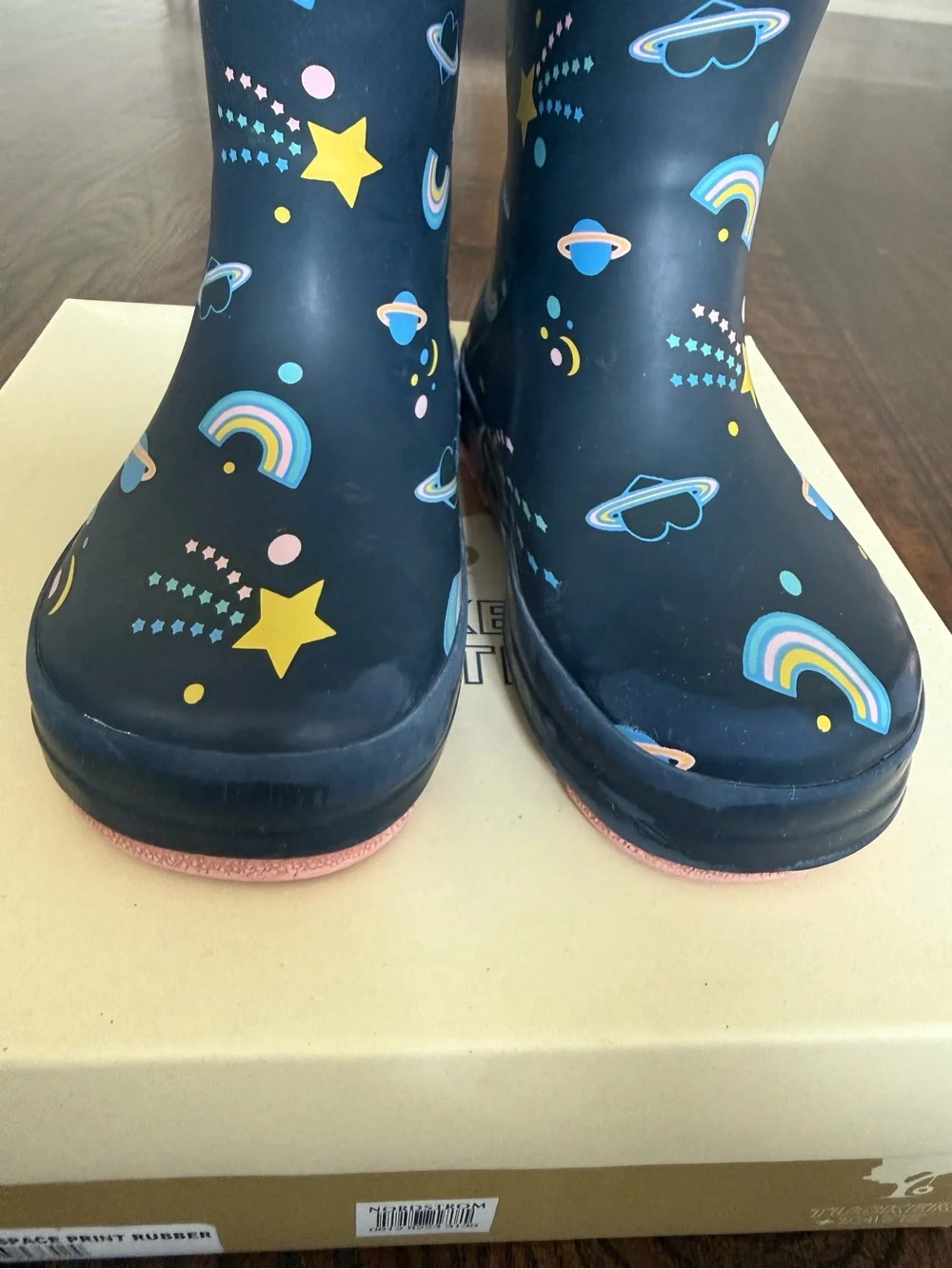 Tucker + Tate Navy Kids Space & Rainbow Rain Boots with Pink Pull Tabs- size 9